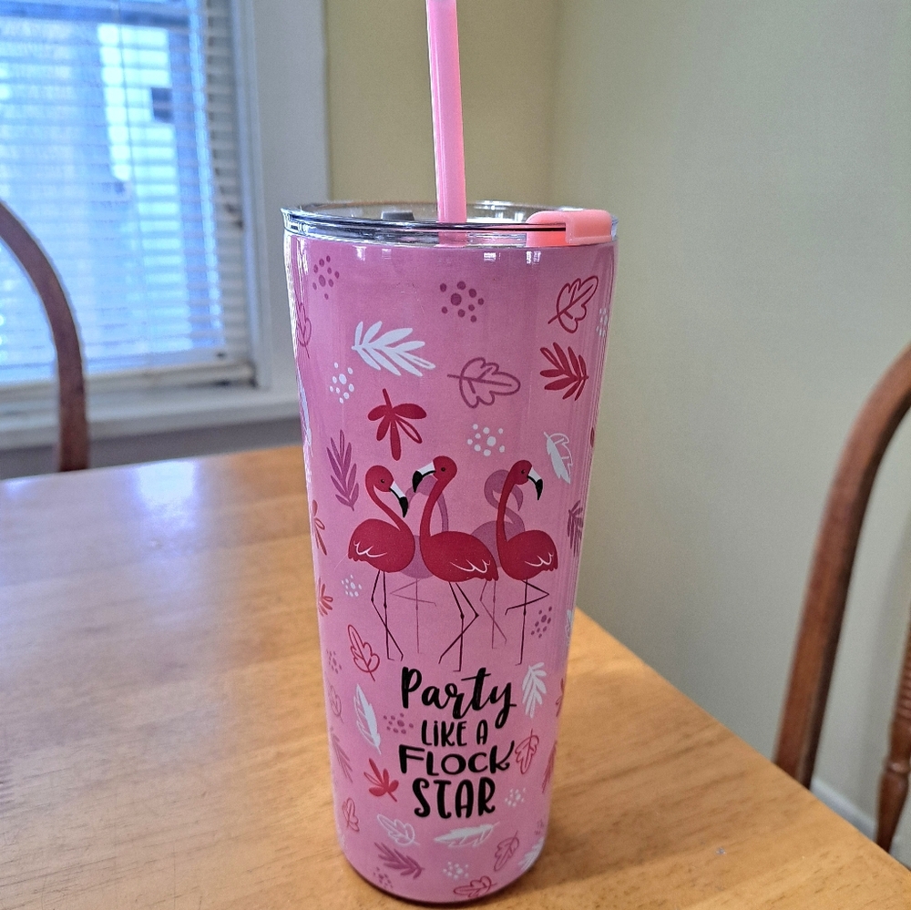 Party Like A Flock Star Travel Mug NWT Pink SS 20 Oz Straw Flip Cover